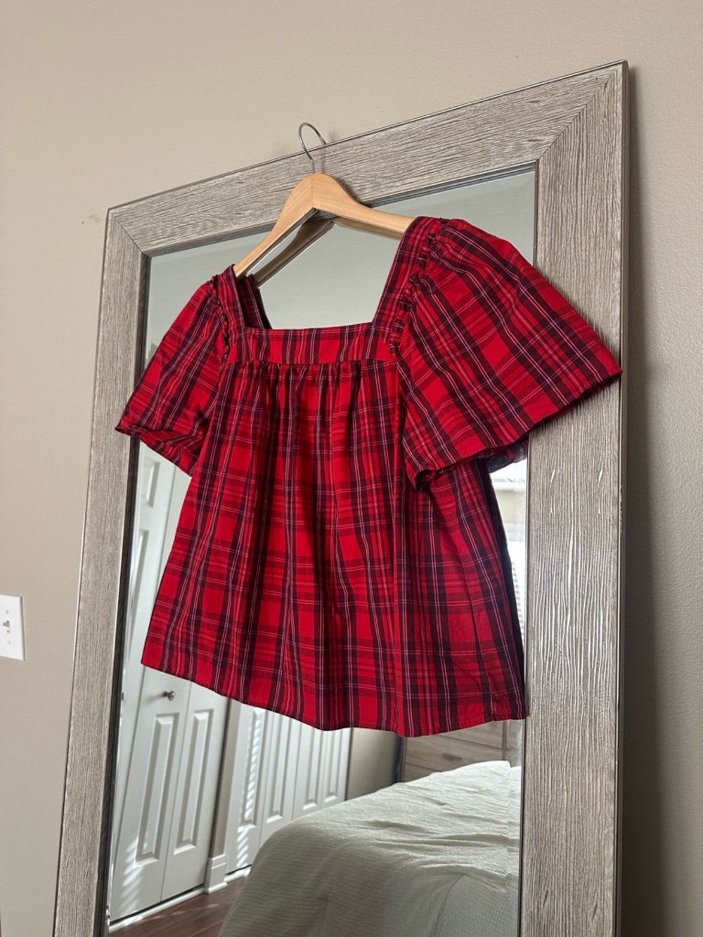 Draper James Red Plaid Blouse Flutter Sleeve Bow Size Small